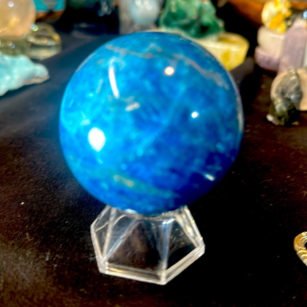 300g Apatite Mineral Crystal Sphere with stand 53mm deep teal blue color